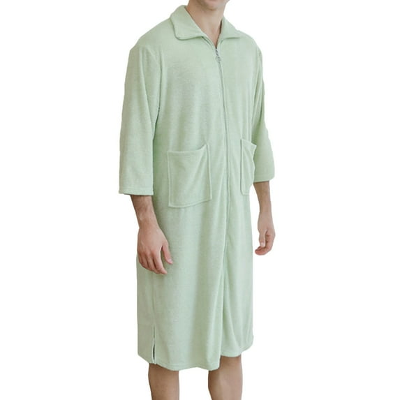 Rohuuque Zip Up Nightgowns for Men Collared Plush Fleeve Bathropes Casual Solid Color 3/4 Sleeve Sleepwear with Pokets Robes Green