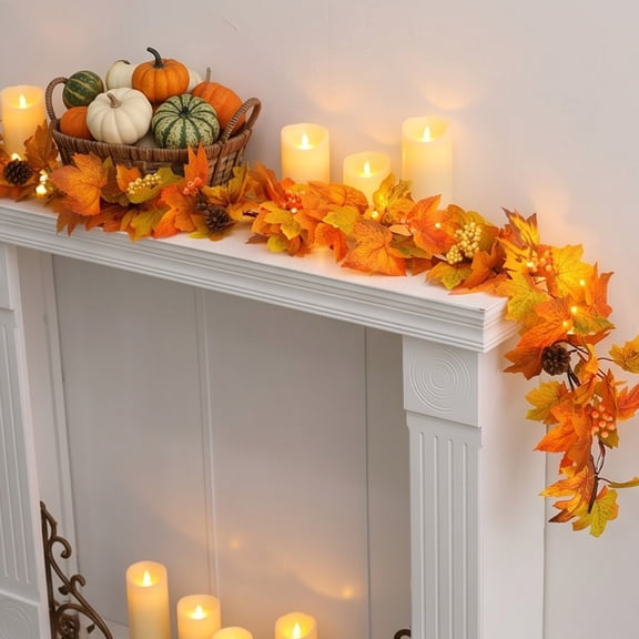 Roiihwy 190cm Thanksgiving Simulation Maple Leaf Pumpkin Vine With Light For Decor, MulticolorD