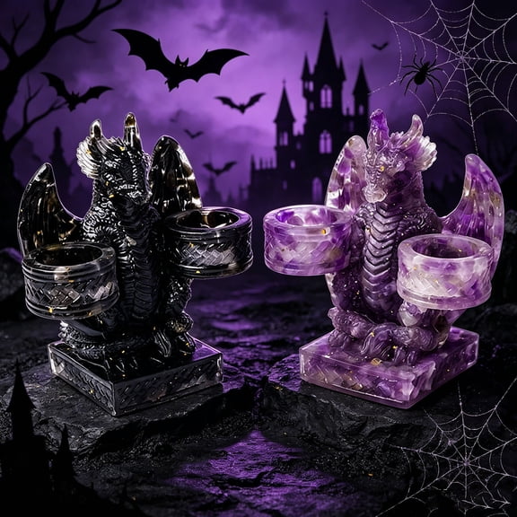 Roiihwy 3.74in Black Halloween Natural Stones Flying Dragons Candle Holder Base, Crystal Ball Halloween Candlestick Base Decoration