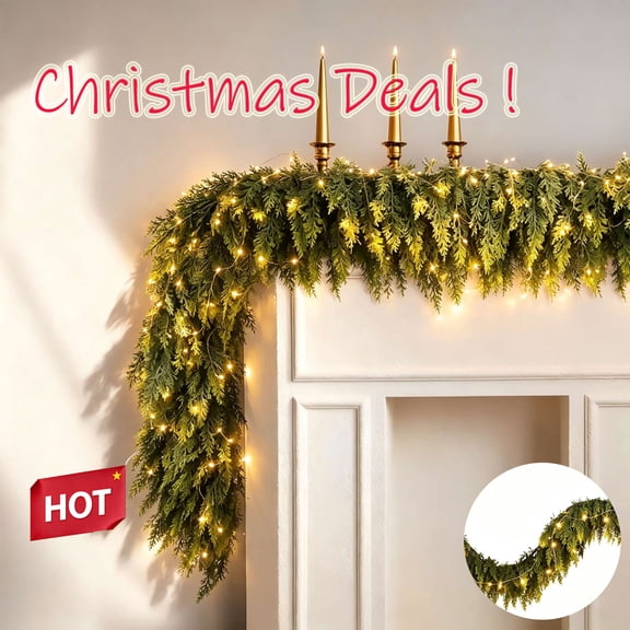 Roiihwy 4FT Christmas Norfolk Pine Pre-Lit Garland with LED Lights Real Touch Pine Garlands Prelit Garland Greenery Garlands for Table Mantle Fireplace Stairs Indoor Outdoor Xmas Decorations