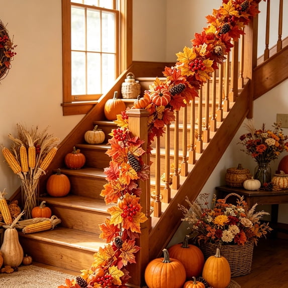 Roiihwy 69in Halloween Pumpkin Fall Garland, Simulated Maple Leaves Artificial Vines Halloween Decor for Home Fireplace, Thanksgiving Decoration, B