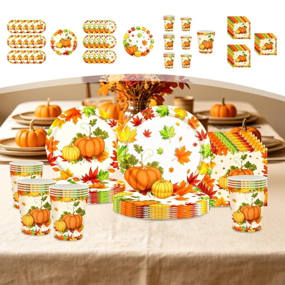 Roiihwy 9.06in Multicolor Maple Leaf Pumpkin Paper Plates, 16-Pack Disposable Fall Tableware, Thanksgiving Halloween Party Supplies Set`