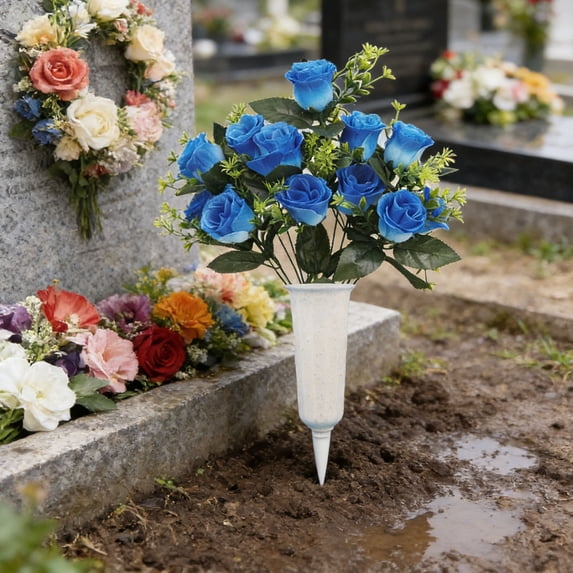Roiihwy Artificial Cemetery Flowers for Grave Outdoor, Silk Floral Arrangement Fake Rose Flowers Memorial Flowers for Grave Vase Outdoor Table Decor