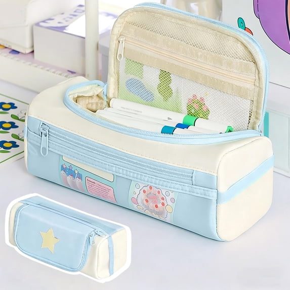 Roiihwy Big Capacity Pencil Case, Big Pencil Pouch with Zippers, Marker Case Classroom Supplies, Blue