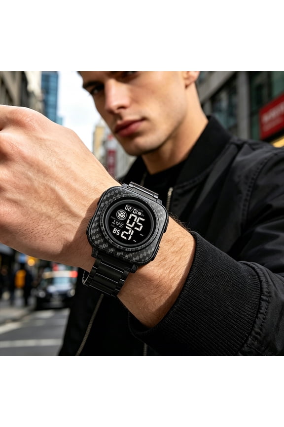 Carbon Fiber Digital Watch 50m Waterproof Men's Outdoor Sports with Alarm Stopwatch in B