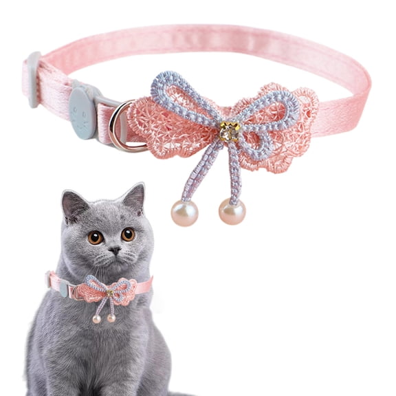 Roiihwy Cute Adjustable Lace Bow Beaded Cat Collar With Bell For Kitten And Small Pet In Pink