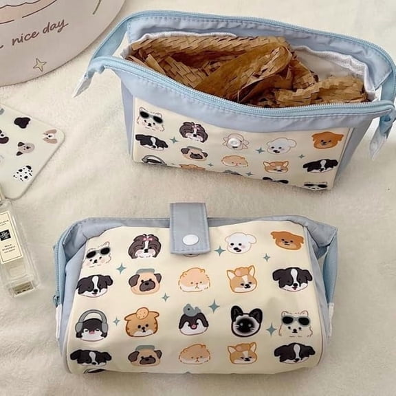 Roiihwy Cute Dog Printed Pencil Pouch, Smal Pencil Case with Smooth Zipper, Blue, Portable Journaling Supplies with Easy Grip Handle & Loop