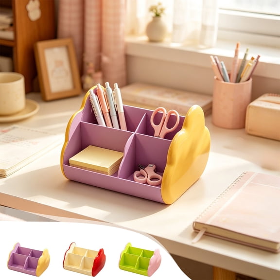 Roiihwy Desk Organizer with 4 Compartments, Plastic Makeup Organizer, Pen Holder for Desktop Storage, Desk Organization for Classroom, Home, Office Supplies (Yellow)