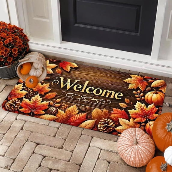 Roiihwy Fall Halloween Door Mat, Autumn Thanksgiving Orange Outdoor Welcome Mat Leaves Decor Floor Non-Slip Entrance Mat for Home Kitchen Bathroom
