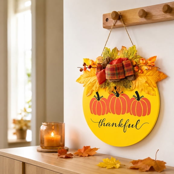 Roiihwy Fall Thankful Wooden Door Sign 11.8" Pumpkin Maple Leaf Hanging Decor for Thanksgiving Front Door – Orange