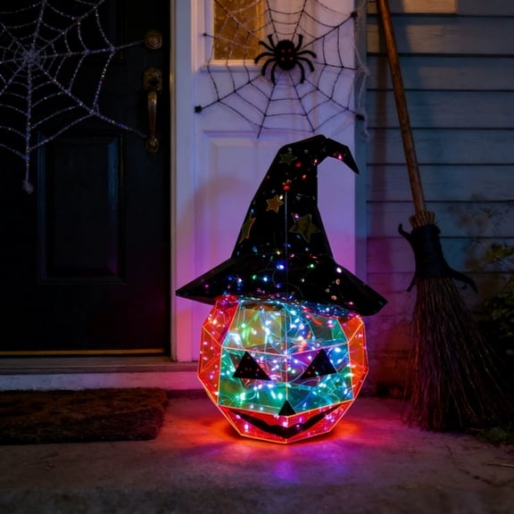 Roiihwy Halloween Decorations LED Pumpkin With Witch Hat, Jack O Lantern Decoration, Light Up Halloween Ornament, 23.6x18.9in Black