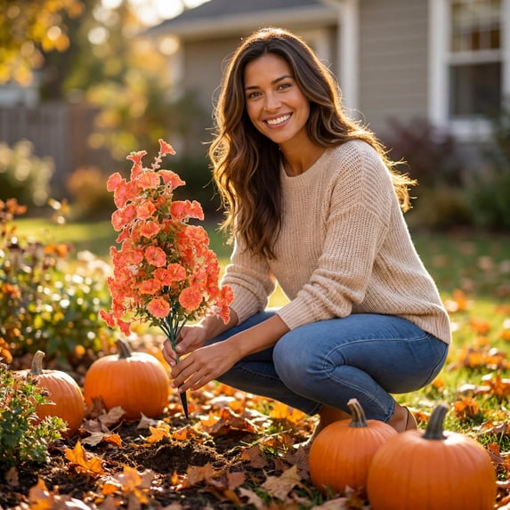 Roiihwy Halloween Fall Flowers Artificial for Decoration Outdoors, Fake Flowers Faux Flowers Planters UV Resistant Look Real for Autumn Home Porch Patio Garden Yard, Orange Yellow