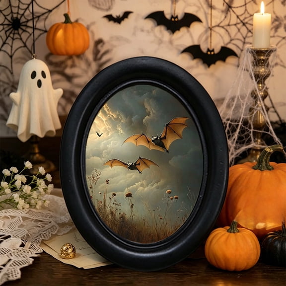 Roiihwy Halloween Oval Wooden Wall Frame Decor With Bat Skeleton Print For Gothic Home, B