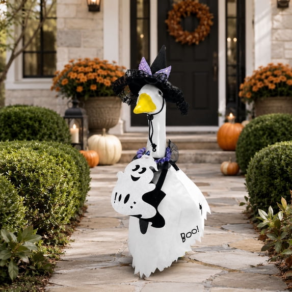 Roiihwy Halloween Porch Goose Outfit, Witch Geese Costume for Cement Goose Clothes with Hat and Bag for Yard Lawn Outdoor Garden Patio Wizard Party Decorations
