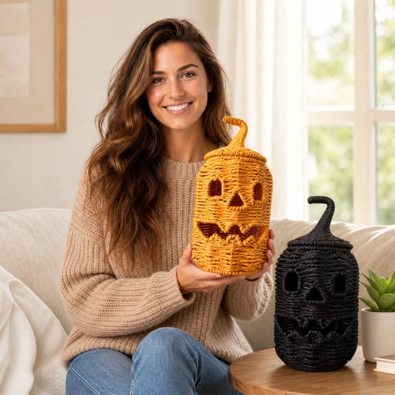 Roiihwy Halloween Pumpkin Storage Basket | Woven Cotton Rope Bin | Cute Halloween Candy Bowl, Trick or Treat Bag Stuffer Filler | Decorative Container