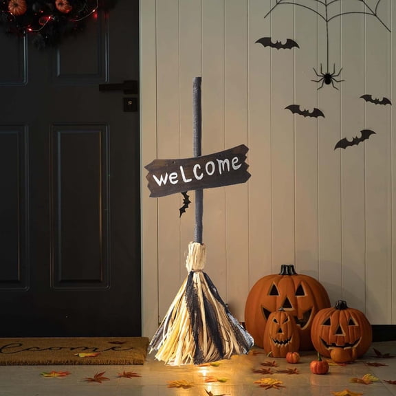 Roiihwy Halloween Witch Decor With Welcome Sign And Motion Activated Light For Door Hanging, Brown