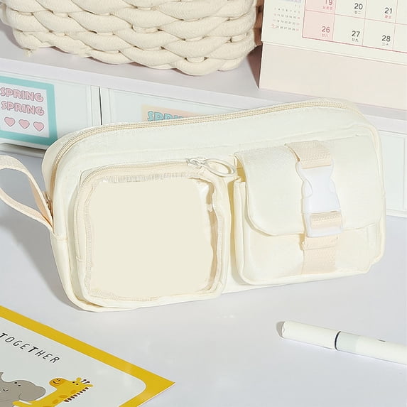 Roiihwy Large Pencil Pouch, Extra Big Pencil Bag with Compartments, Pen Box Wide Opening, Soft Quilted Pencil Pouch Organizer with Zipper, Colored Pencil Case, Beige