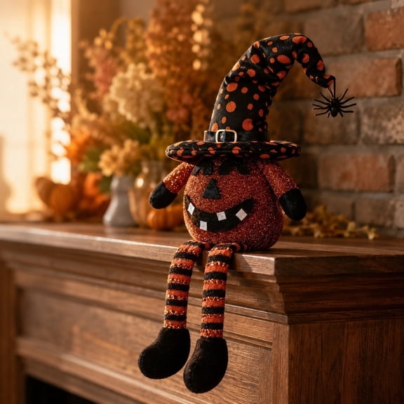 Roiihwy Light Up Halloween Pumpkin Doll With Witch Hat For Tabletop And Party Decor, Orange