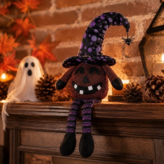 Roiihwy Light Up Halloween Pumpkin Doll With Witch Hat For Tabletop And Party Decor, Purple