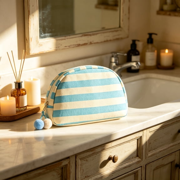 Roiihwy Makeup Bag for Women, Stripe Seashell Toiletry Bag Aesthetic Organizer Storage Pouch for Dorm Travel Essentials, B
