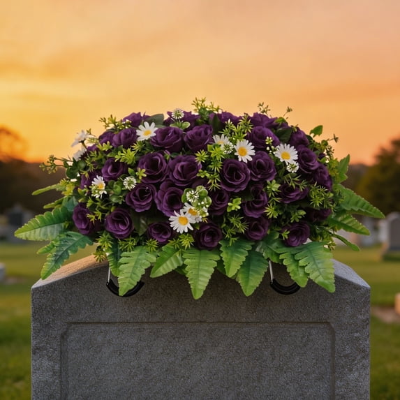 Roiihwy Memorial Day Decor Artificial Satin Saddle Flower, Tombstone Decoration, Cemetery Grave Memorial Flower, 23.6in Purple