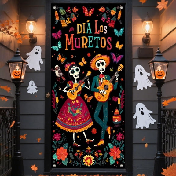 Roiihwy Multicolor 35.4x70.9in Polyester Halloween Day of Dead Door Cover, Festival Party Decoration