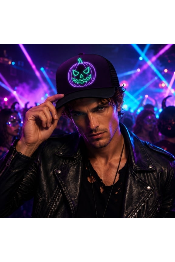 Neon Pumpkin Face Printed Snapback Hat For Men Women Halloween Party Accessory, Purple