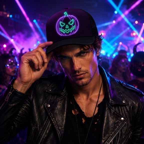 Roiihwy Neon Pumpkin Face Printed Snapback Hat For Men Women Halloween Party Accessory, Purple
