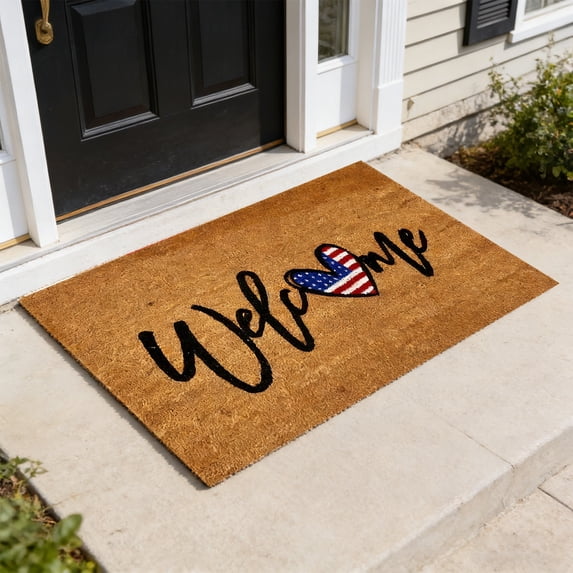 Roiihwy Patriotic Welcome Front Door Mat, Blue Red White Entryway Rug Non Slip with Letter and Stars Printed for Memorial Day 4th of July Decorations(16x24in)