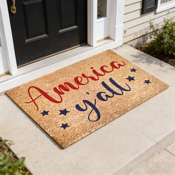 Roiihwy Patriotic Welcome Front Door Mat, Blue Red White Entryway Rug Non Slip with Letter and Stars Printed for Memorial Day 4th of July Decorations(16x24in)
