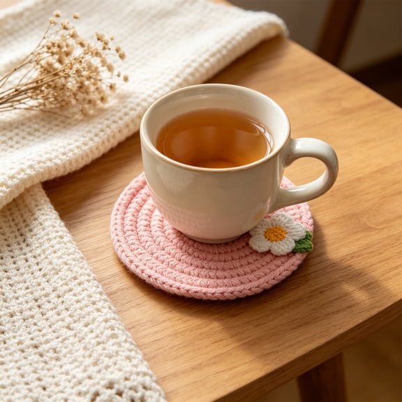 Roiihwy Pink Rope Coaster Set of 4 Small Flower Handmade Woven Round Cup Mats 4.7in Heat Absorbent Boho Kitchen Decor