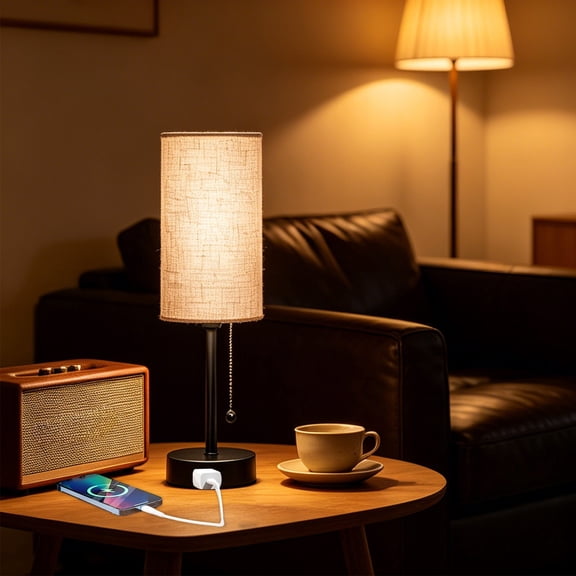 Roiihwy Pull Chain Bedside Table Lamp 15" with Charging Ports Linen Shade – White