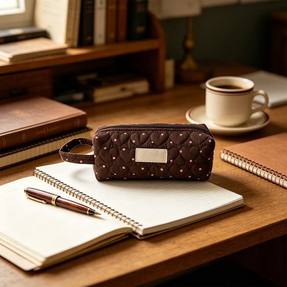 Roiihwy Quilted Pencil Case Pouch, Soft Stationery Cosmetic Pen Pencil Bag with Portable Handle, Polka Dot Pencil Box for Desk Organizer(Brown)