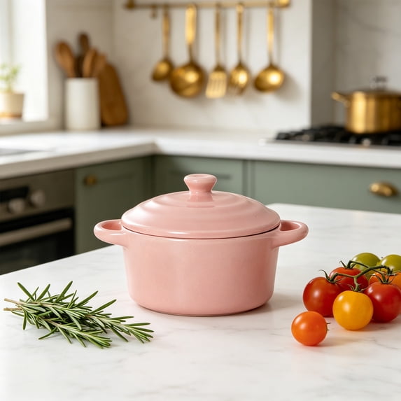 Roiihwy Ramekins with Lids, Mini Casserole Dish with Lid and Handle, Ceramic Bowls, Oven Safe, Mini Casserole Pot, Pink