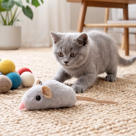 Roiihwy Realistic Squeaky Mouse Kitty Toy, 7.48x1.97in Gray Soft Fuzzy Stuffed Mouse, Interactive Cat Toy for Indoor Kitties Boredom Relief