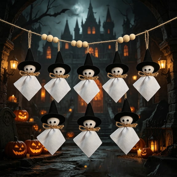 Roiihwy Set Of 7 Halloween Witch Hat Ghost Ornaments For Party And Mantel Decor, White