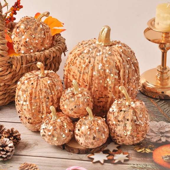 Roiihwy Set Of 7 Sequined Foam Pumpkins For Thanksgiving And Fall Home Decor, Gold