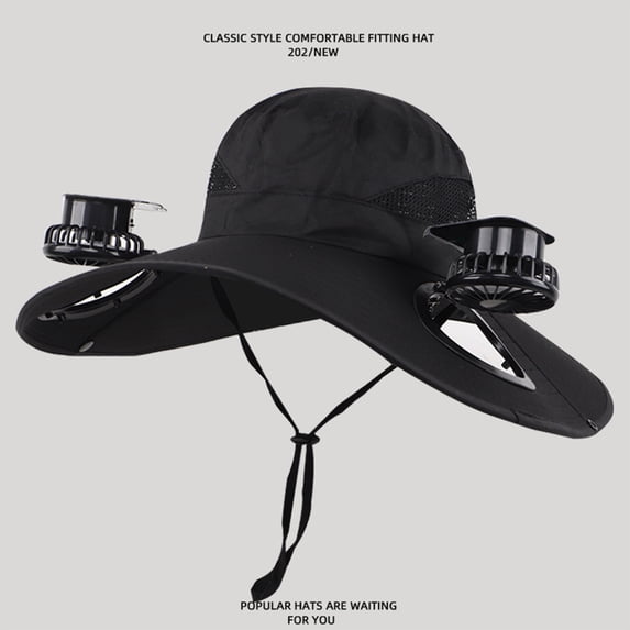 Roiihwy Solar Powered Hat with 2 Fans, Wide Brim, for Outdoor Fishing Hiking Gardening, Black