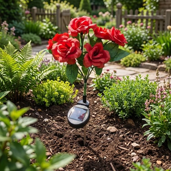 Roiihwy Solar Powered Petaled Rose 7 Head Ground Mount for Outdoor Courtyard Garden Decoration in B