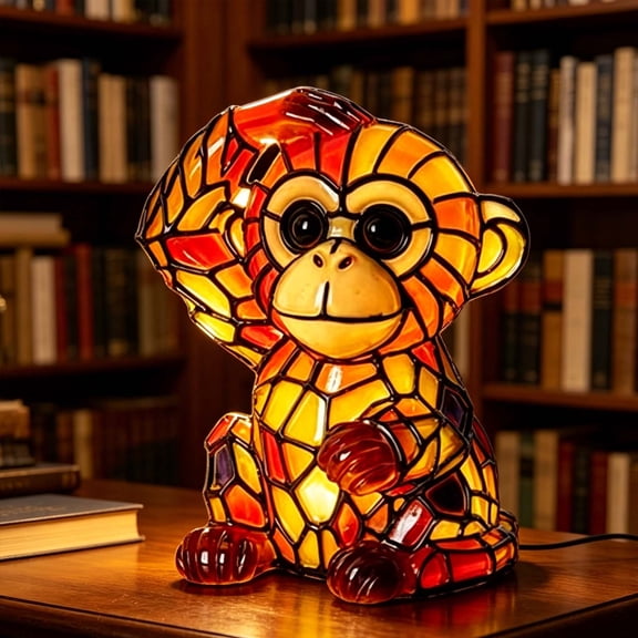 Roiihwy Stained Style Monkey Night Light, Resin USB Powered Table Lamp For Whimsical Home Decor, Mul