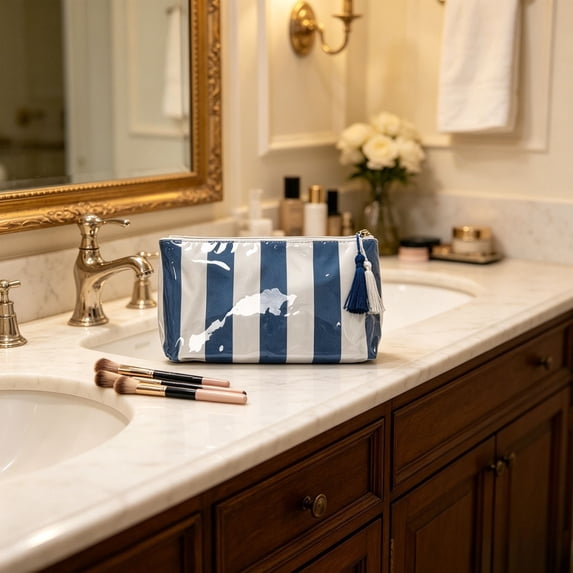 Roiihwy Striped Waterproof PVC Cosmetic Bag, Makeup Pouch With Tassel Zipper For Travel, 10.2x5.3x3.5in Blue