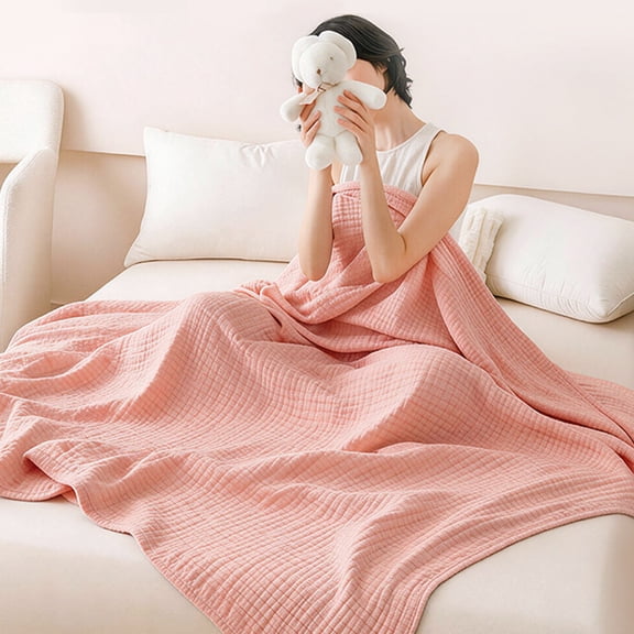 Roiihwy Summer Multi-Layered Cotton Gauze Quilt, 47"x59" Soft Air-Conditioned Bed Sheet, Pink