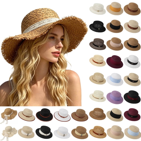 Roiihwy Summer Sun Beach Hats for Women, Wide Brim Straw Hats with Ruffled Bowknot, Khaki, Foldable Woven Sun Hat UV Protection on Clearence