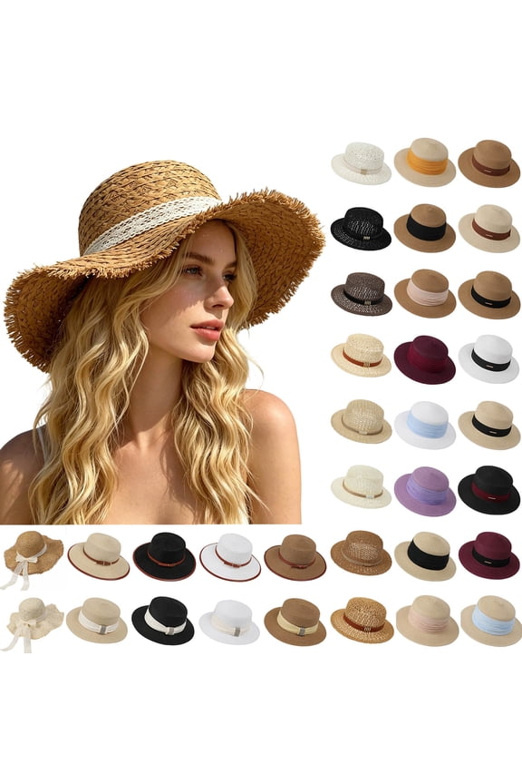Summer Sun Beach Hats for Women, Wide Brim Straw Hats with Ruffled Bowknot, Khaki, Foldable Woven Sun Hat UV Protection on Clearence