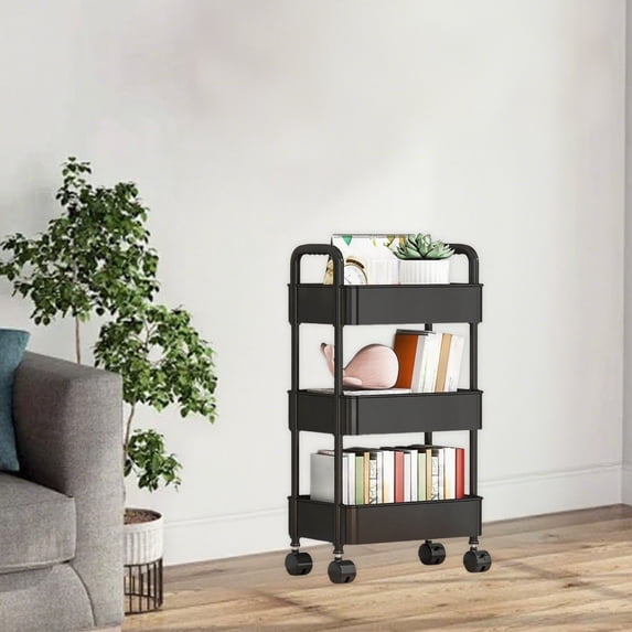 Roiihwy Utility Storage Rolling Carts with Wheels, 3 Tier Small Rolling Bathroom Storage Cabinet Multifunction, Kitchen Storage Organizer Shelving Unit for Bathroom, Laundry, Black