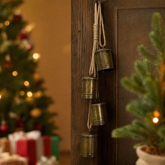 Roiihwy Vintage Christmas Bells Hanging Ornament, 4 Metal Cow Bells String with Jute Rope, Antique Finish Decor for Xmas Tree Wall Door Mantel Holiday Decoration