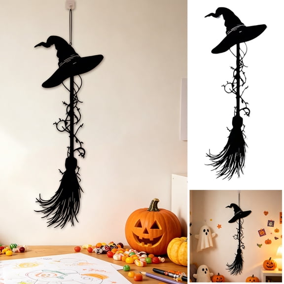 Roiihwy Vintage Wrought Iron Witch Hat Wall Decoration, Halloween Metal Ornament for Home, A