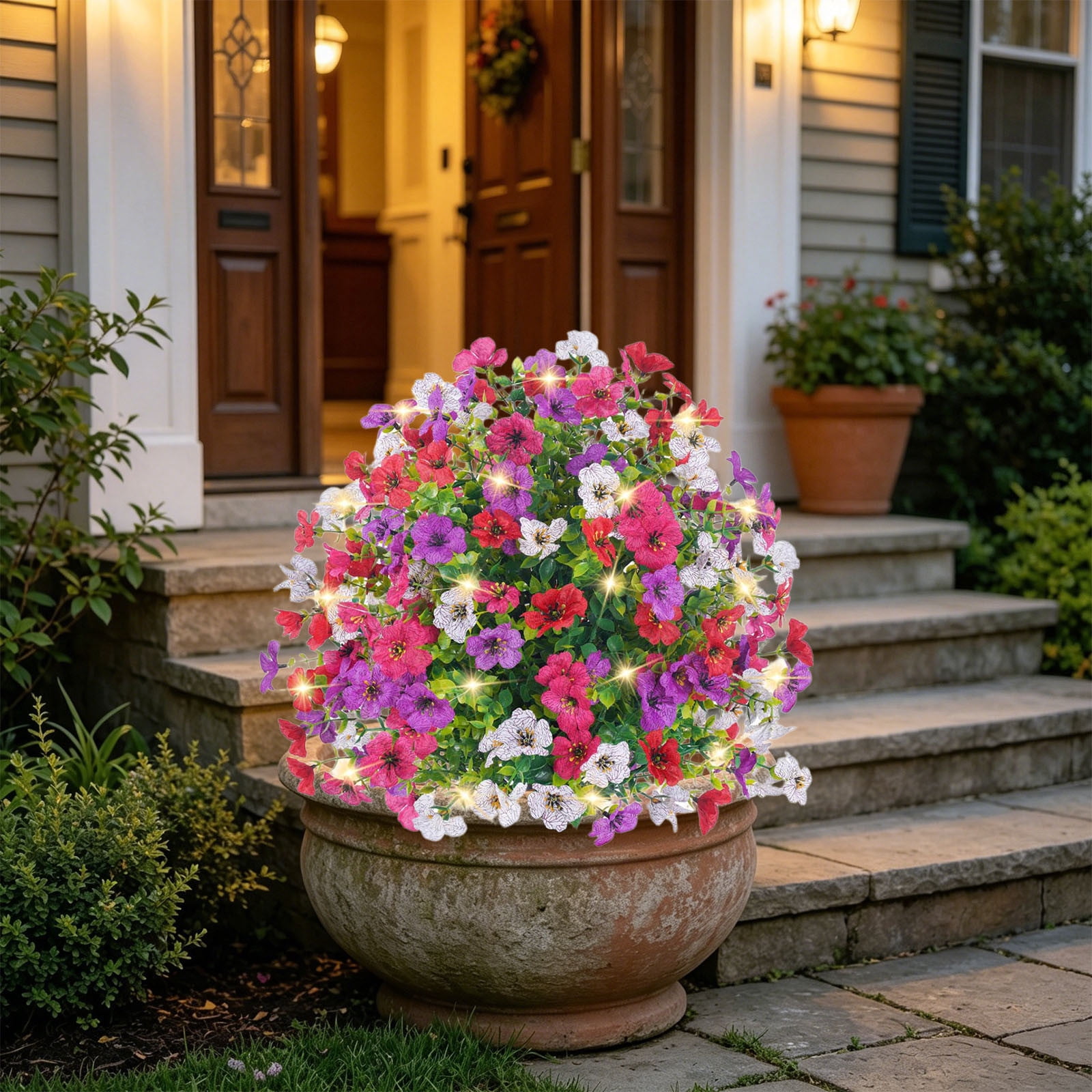 Roiihwy Violet Artificial Flowers for Outdoors, UV Resistant Artificial Outdoor plants Bouquet with LED String Lights and Ground Spike for Outside Porch Patio Home Garden Yard Decor
