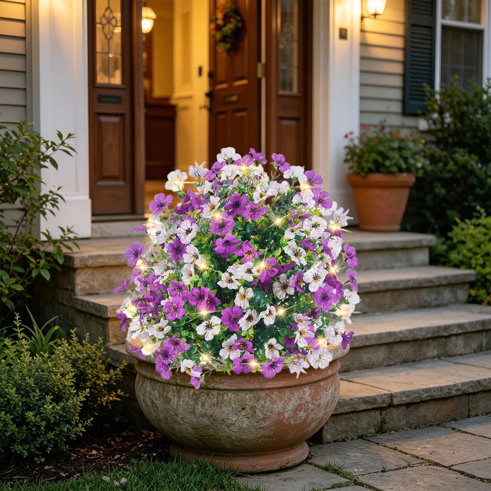 Roiihwy Violet Artificial Flowers for Outdoors, UV Resistant Artificial Outdoor plants Bouquet with LED String Lights and Ground Spike for Outside Porch Patio Home Garden Yard Decor