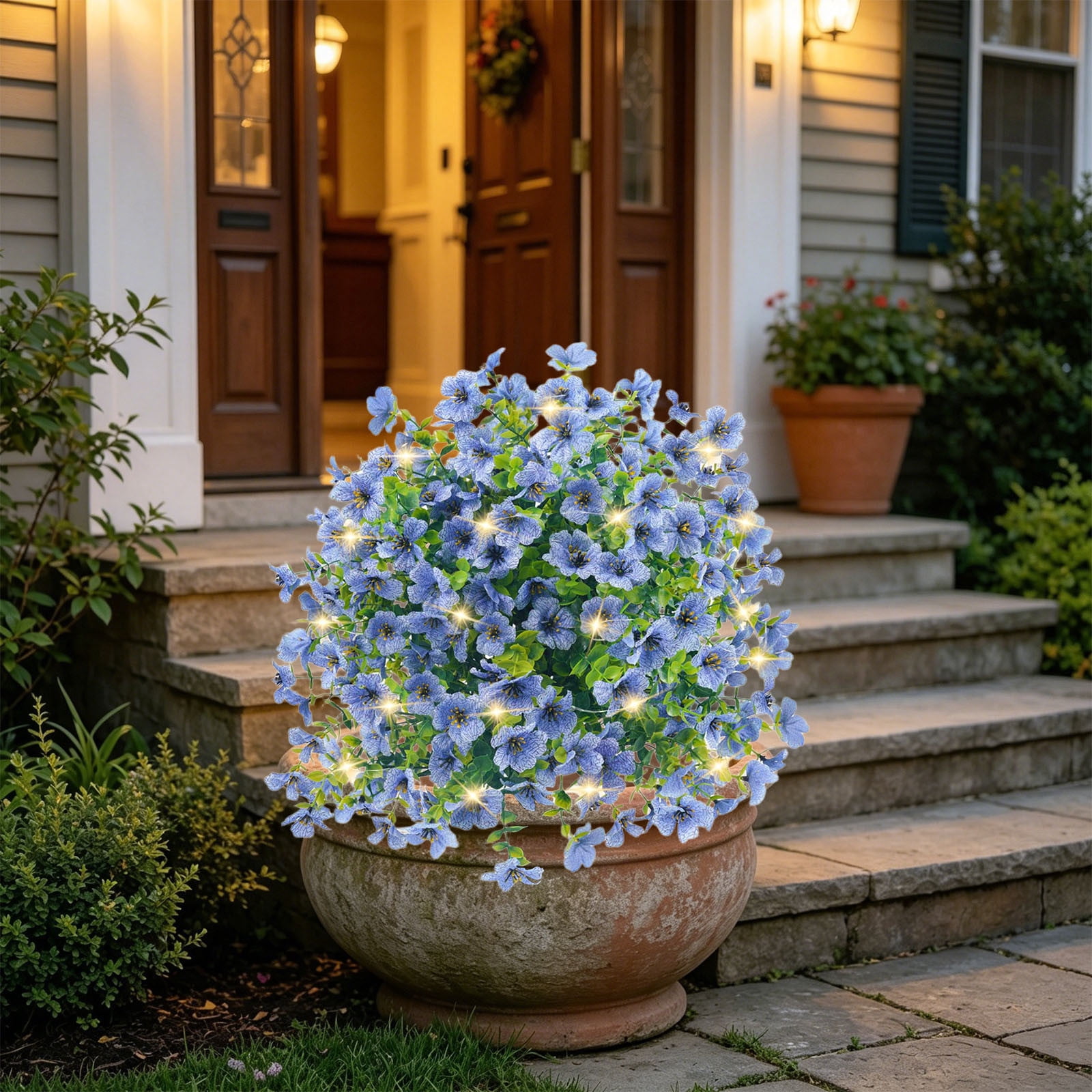 Roiihwy Violet Artificial Flowers for Outdoors, UV Resistant Artificial Outdoor plants Bouquet with LED String Lights and Ground Spike for Outside Porch Patio Home Garden Yard Decor